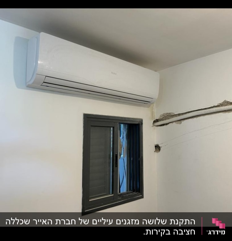 מזגן מותקן על קיר מעל חלון קטן